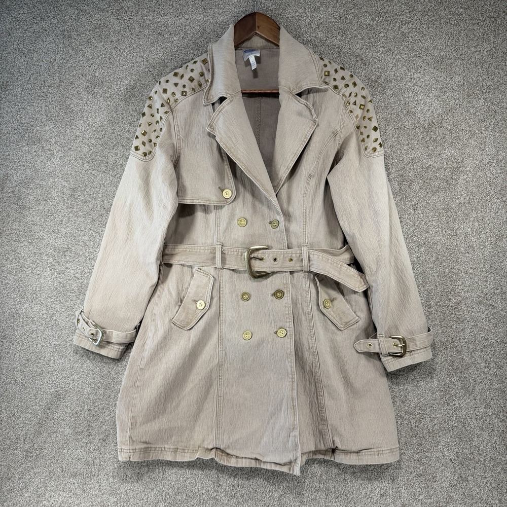 DG2 Tan Tenon Studded Long Jacket Sz Lg Belt Pockets Glam Punk Western - Picture 1 of 6